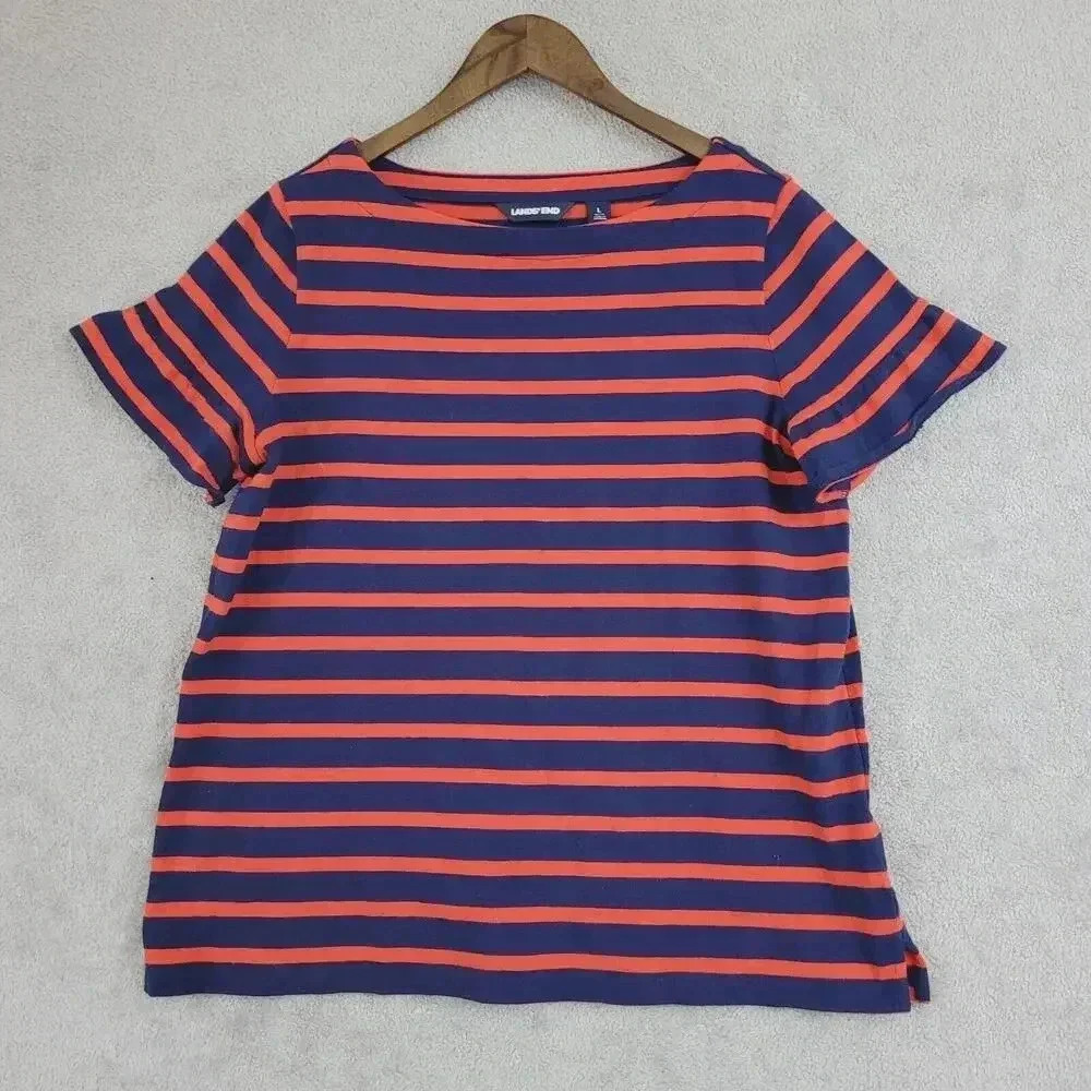 Striped Lands End Womens T-Shirt Size L Navy & Orange Casual Short Sleeve 30PT - Picture 1 of 8